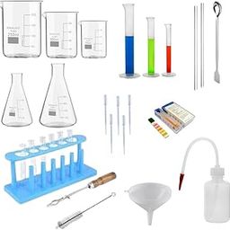 Cometek Chemistry Lab 28 Pcs Kit - Borosilicate Glass Beakers, Conical Flasks, Plastic Measuring Cylinders, Test Tubes, Stand, Brush, Stirring Rods, Droppers & More for Students and Labs-image-6