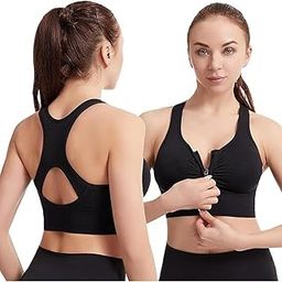 Nylon Elastane Women Padded Wirefree Front Zip Closure Sports Bra Medium Impact Yoga Bras Racerback Workout Gym Bra, Size- S-3XL Black-picture-13