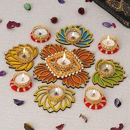 Sanvatsar Home Decorative Lotus Rangoli & Lotus Diya Set | Corporate Gift, Diwali Gift, Diya For Puja Home Decoration Light Diya, New Year Candle Set Of 9(Orange), Plastic-image-22