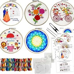 Embroiderymaterial Combo of 5 Embroidery Kit for Beginners and Adults - Stitch and Cross Stitch Kit - DIY Art and Craft Kit with Embroidery Cloth, Hoops & Materials - Perfect Stitching and Fabric kit-75