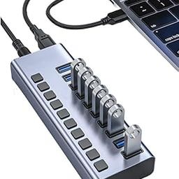MICROWARE Powered USB Hub,10 Ports USB 3.0 Data Hub, Individual On/Off Switches, 12V3A Power Adapter, USB Hub 3.0 Splitter Extension Compatible MacBook, Mac Pro/Mini, iMac, Surface Pro Laptop/PC-18