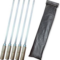 BnoSpace Stainless Steel Flat Kabab Sticks | Barbeque Skewers | BBQ Skewers Set | BBQ Sticks Patti, Metal Grilling Skewer | Wooden Handle for Making Kabob (Kebab Stick 17 inch)-31