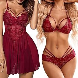 Women's Sexy 2-Piece Lace Lingerie Set with Babydoll Nightwear and Strappy Panty-image-70