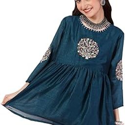 Girls Front Yoke Embroidered Silk Fit & Flared Top with 3/4 Sleeves-image-1