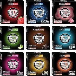 NOTTY BOY Condom Multi Variety Strawberry, Extra Lubricated, Bubblegum, Apple, Chocolate, Thin, 3 IN One, Extra Dots, Raised Dotted – 27 Units (Pack of 9)-35