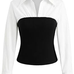 Women's Two-Tone Long Sleeve Shirt, White Cotton Blouse with Black Knit Bustier Top, Collared Business Casual Style-image-43
