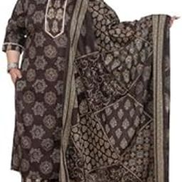 Plus Size Brown Floral Print Pure Cotton Straight Kurta, Dupatta & Pant Set-image-2