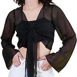 Women's Solid Long Sleeve Front Tie-ups Georgette Casual Crop Sheer Shrug || Plain Full Sleeve Transparent Mini Open Front Shrugs for Women Stylish Western-picture-18