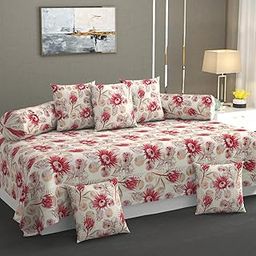 TIB® Waterproof Diwan Bed Cover 8 Piece Set, Bedsheet (152x228 cm), 2 Bolster Covers (40x78 cm), 5 Cushion Covers (40x40 cm) Wrinkle-Free Design. (Leaf Brown) (Flower Grey) (Flower Pink)-picture-12