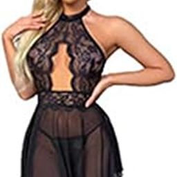 Lace Halter Babydoll Dress, Mesh Overlay Women Sexy Lingerie for Women, Front Open, Lace Detail, Sheer-image-51