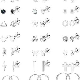 21 Pairs Stainless Steel Earrings Set Women Men Star Sunflower Snake Leaf 20g Cartilage Earrings Set Hypoallergenic Flat Back Earrings Piercing Jewellery, Stainless Steel, Cubic Zirconia-49
