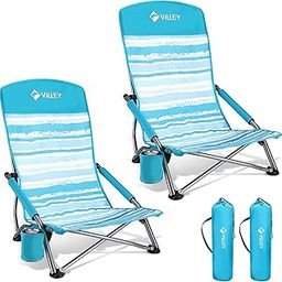 VILLEY Low Beach Chairs for Adults 2 Pack, High Back Folding Beach Chairs, Lightweight and Portable for Outdoor, Beach, Camping, Lawn, Music Festival, with Cup Holder and Carry Bag-Blue Stripes-image-33