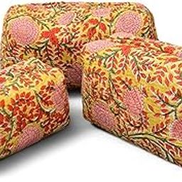 Handblock Cotton Quilted Pouch Set of 3 Yellow Floral Travel Organizer Bags for Makeup Toiletries Jewelry Waterproof Washable-image-66