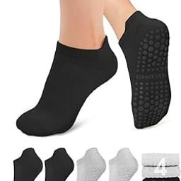 Pilates Socks with Grips for Women, 4 Pairs Reformer Non-Slip Socks, Ankle Socks for Yoga, Ballet, Hospital Training-image-26
