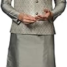 Men's Silver Kurta Jacket Churidar Set Cotton Blend, Woven Design, Full Sleeves, Straight, Regular Fit, Mandarin Collar Ethnic Casual Wear-picture-9
