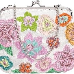 Beaded Floral Clutch Purse for Women, White and Multicoloured-image-7