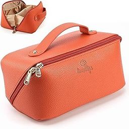Large Capacity Grain Leather Cosmetic Travel Bag For Women Girls, Portable Makeup Pouch, Wide Opening Makeup With Handle Divider Toiletry Bag For Storage Free E-Book Included, 12 Cm, Orange-image-72