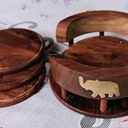 PEBBLECRAFTS Wooden Handmade Tea Coasters Set of 6, Coasters for Cups Set of 6, Tea Cup Holder Table, with Elephant Brass Work, Coffee Wooden Coaster Set Cup Wooden Stand Coaster-8