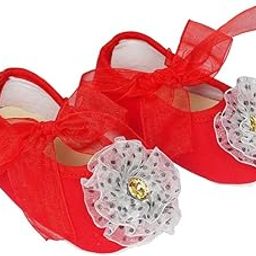 Infant New Baby Toddlers Boys and Girls Cotton Red Sandal Ribbon Booties With Grey Flower Patch [RSM_25]-image-37
