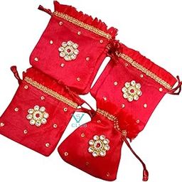 VS Club 6 Beautiful Gold Silver Coin Potli Pouches for Wedding, Baby Shower, Haldi, Mehendi | Shagun, Jewelry, Coin, Dry Fruit, Kesar Pouch Set |Wedding Engagement Return Gifting Bag Multi Pack (RED-6)-image-53