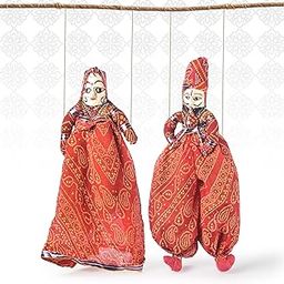 Kuber Industries Handcrafted Rajasthani Puppets/Kathputli Pair | Home Decor Dolls for Home | Colourful Folk Toys & Decoration Piece | Cultural Program & Gifting Couple Set | Red-25