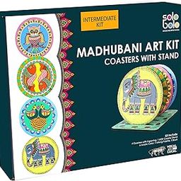 SOLOBOLO Madhubani Painting Kit Tea Coasters with Stand - Art and Craft kit for Girls 9-12, Coaster DIY Craft Kit, Painting kit for Kids 6-12, Gift for Children's (Multicolour Wood)-6