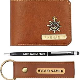 Men's Personalized Faux Leather Wallet | Customized Name Wallet with Metal Keychain and Pen Combo Gift Set for Birthday and Anniversary | Slim Stylish Purse with Card Holder & Coin Pocket (Tan)-image-72