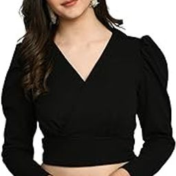 SFOTY V-Neck Wrap Style Crop Top with Puff Sleeves-image-2