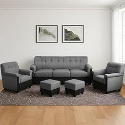 FURNY Woodswave 5 Seater Fabric 3+1+1+2 Puffy Sofa Set for Living Room (Grey-Black Color)-picture-18