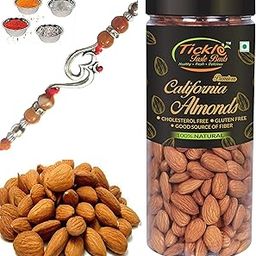 Trendy OM Rakhi for Brother with Tickle Taste Buds Almond Badam Jar 250gms, Moli, Roli Chawal Mishri Pack for Your Bhai Bhaiya-image-98