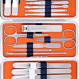 Beauté Secrets Manicure Set, 22 in 1 Stainless Steel Professional Pedicure Kit Nail Scissors Grooming Kit with Mirror and Blue Leather Travel Case, Double Layer, Complete Nail Cutter Set for Adults, Nail Care, and Nail Art – Grooming Kit for Men and Women, Orange-34
