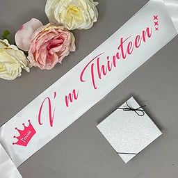 Style Secrets 3” Shimmering White Sash with Pink Text for Baby Girls and Teens 1-15 Year Birthday | (13th Birthday)-image-4