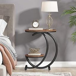 LIVINGLOOM End Table Round Coffee Table with Shelves, Farmhouse Cocktail Table with Metal Legs for Living Room, Round Tea Table Double Side Table (Brown)-5