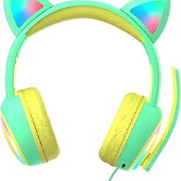 bnf Kid LED Fashion Cute Cat Ear Headphones On-Ear Headsets with Mic Foldable Wired Green-1