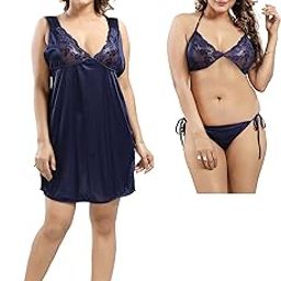 Women's Satin 3 Pc Short Nighty with Lingerie Set (Free, Navy Blue)-56
