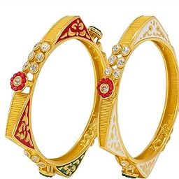 Traditional Gold-Plated Bangles with Meenakari Enamel, Crystal Flowers, Red and Green, Set of 2-image-6