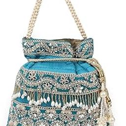 Women Blue Raw Silk Beads and Stones Work Potli-image-37