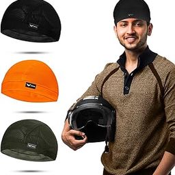 XTRIM Unisex Helmet Skull Cap for Bikers & Cyclists, Cotton Head Cap, Hair Inner Helmet Cap for Men, Sweat Cooling Beanie Cap for Men for Women, Skull Mask for Bike (Pack of 3, Black, Orange & Khaki)-image-4