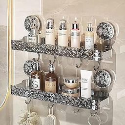 SHALVI Transparent Suction Wall Mounted Plastic Bathroom Shelf | Self Adhesive Bathroom Shelf | Bathroom Organiser Without Drill, Wall Mounted Bathroom Organizer (Black, Pack of 2)-image-18