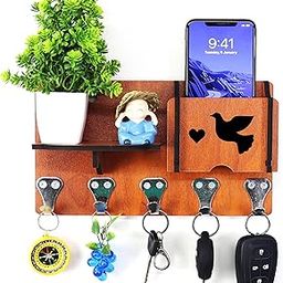 AMBVIN H412 Wall Key Holders Shelves Designer Mobile Charging Racks Shelf, for Stylish Home Décor Organiser (Pack of 1 with 5 Keys Hooks), Beige-image-94