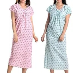 cierge Women's Cotton Printed Maxi Nighty (Pink & Green Lace_Free Size_CIERGE KNEE NIGHTY COMBO)-picture-42