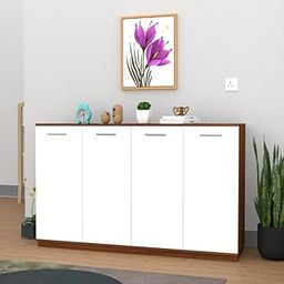 WOOD VAN Modern Wooden Multipurpose Storage Cabinet with 4 Doors – Ideal for Living Room, Entryway, or Office Organization – Contemporary Design and Decorative Top Surface, Color: Cherry Pine & White-image-26