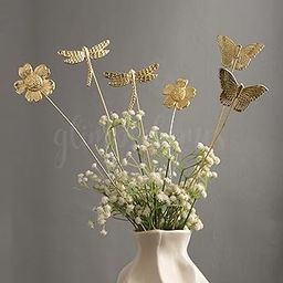 Glimpse Homes Golden Fluttering Blooms Metal Sticks | 18 inch Vase Fillers | Set of 6 (2 Dragonfly + 2 Butterfly + 2 Flower)-image-60