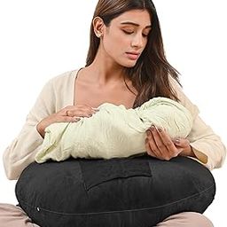 Cherilo Multipurpose 5 in 1 Baby Feeding Nursing Pillow with Adjustable Strap & Bottle Holder (Pouch) | for Breastfeeding, Baby Support & Playtime | Washable Premium Velvet Cover with Zip | BLACK-image-87