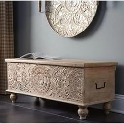 Vintage Hand-Carved Storage Trunk with Decorative Panel Design Whitewashed Solid Wood Chest with Ball Feet, Rustic Blanket Box for Living Room, Bedroom-image-2