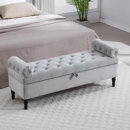 LEGACY OF COMFORT Ithalia Upholstered Velvet Storage Bench – Elegant 2-Seater Sofa with Bolster Armrests Grey-image-23