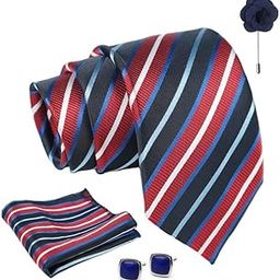 Navy Blue Stripped Tie For Men – Formal Ties Set With Pocket Square & Tie Pin Clip For Mens, Silk Neckties Gift Sets For Men’s (AX24_30)-19