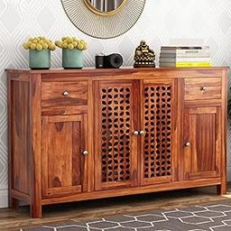 Solid Sheesham Wood Kitchen Cabinet with 4 Shelves & 2 Drawers Storage for Living Room | Wooden Sideboard Cabinet for Home (Honey)-image-33