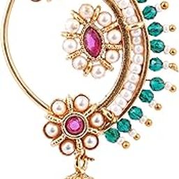 Women Gold Plated Stone & Pearl Maharastrian Culture Nath-image-49