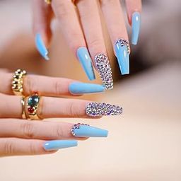 HEAVEN® 24pc Set Of Extra Long French Artificial Nails With Stone With Free Application KIt (Sky-Blue)-12